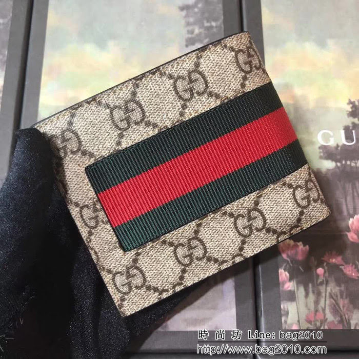GUCCI古馳 專櫃同步 紅藍綠織帶加杏色雙G提花面料 男士雙折皮夾 408827 杏色 WTG1926
